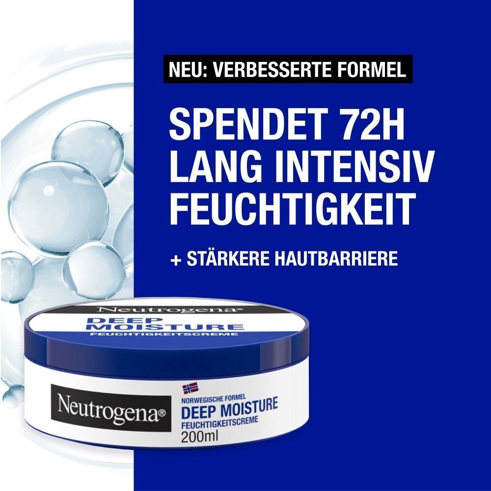 Produkt-Tiegel mit blauem Hintergrund. Text: Neu: Verbesserte Formel. Spendet 72h lang intensiv Feuchtigkeit. Neutrogena Deep Moisture, 200ml.