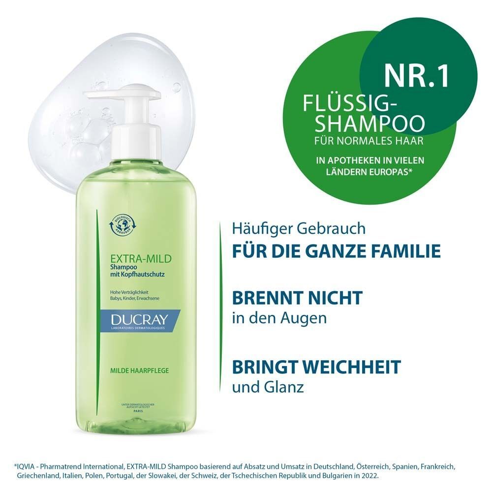 Grüne Shampoo-Flasche mit weißem Pumpverschluss. Aufschrift: EXTRA-MILD Shampoo, DUCRAY. Text: Nr. 1 Flüssig-Shampoo.