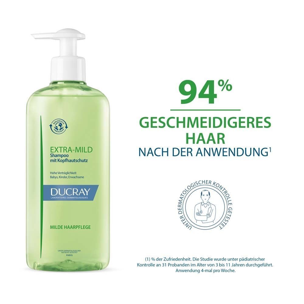 Grüne Shampoo-Flasche mit weißem Pumpverschluss. Aufschrift: EXTRA-MILD Shampoo, DUCRAY. Text: 94% geschmeidigeres Haar.