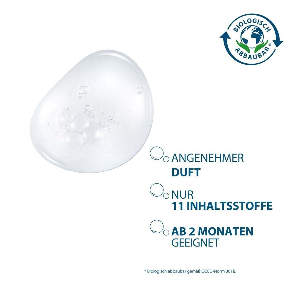 Drei blaue Kreise mit Text. Text: Angenehmer Duft, nur 11 Inhaltsstoffe, ab 2 Monaten geeignet.