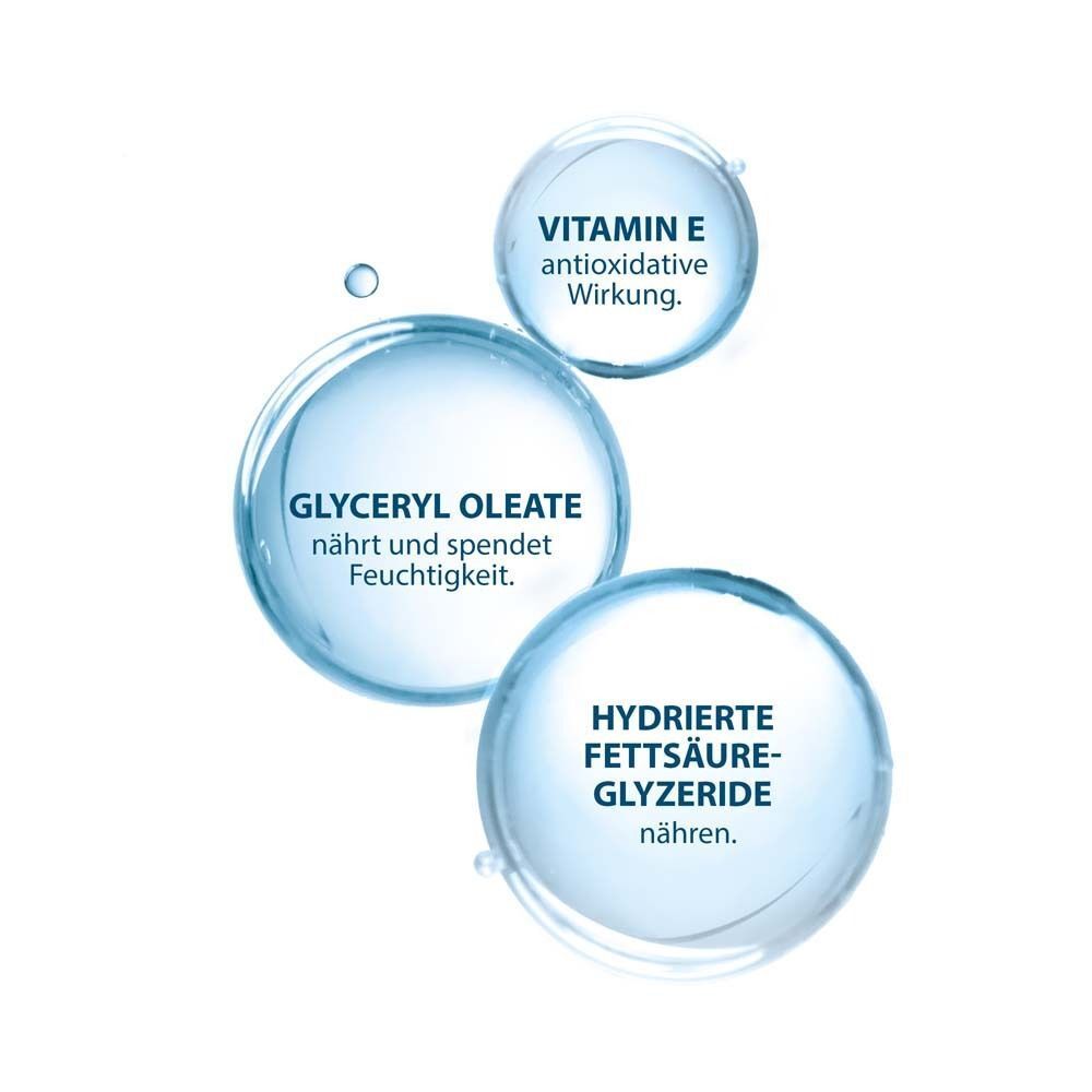 Drei blaue Kreise mit Text. Text: Vitamin E antioxidative Wirkung, Glyceryl Oleate, hydrierte Fettsäure-Glyceride.
