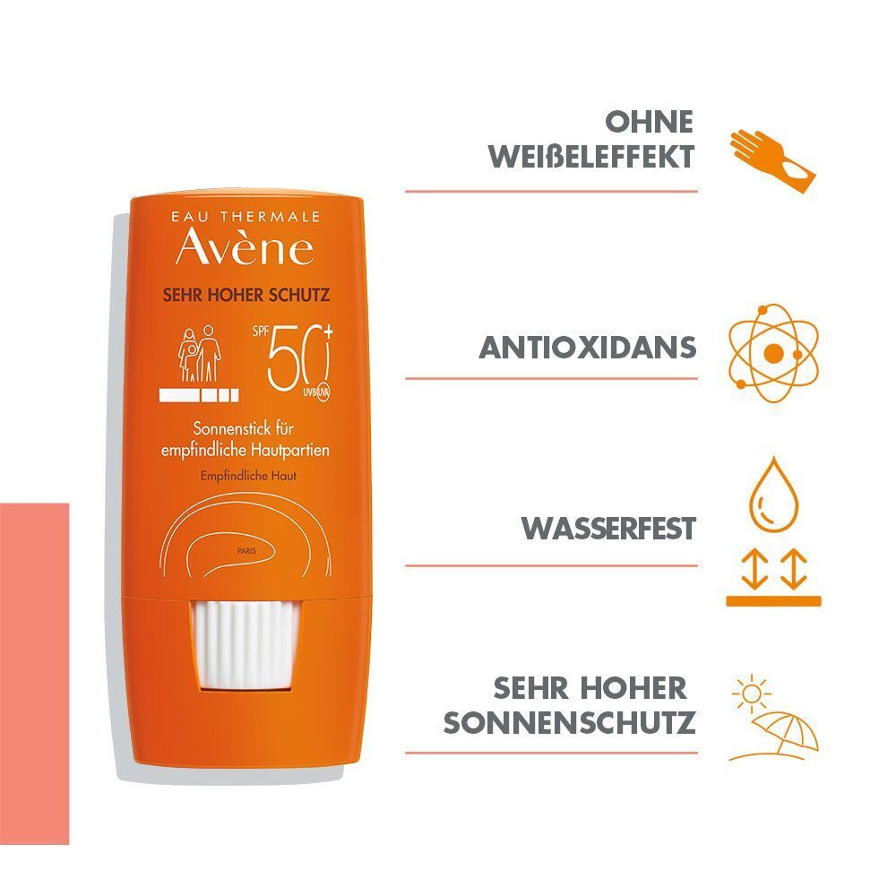 Ein orangefarbener Sonnenstick mit Text und Icons. Text: Avène, Sehr hoher Schutz, LSF 50+, Sonnenstick für empfindliche Hautpartien. Icons: Ohne Weißeleffekt, Antioxidans, Wasserfest, Sehr hoher Sonnenschutz.