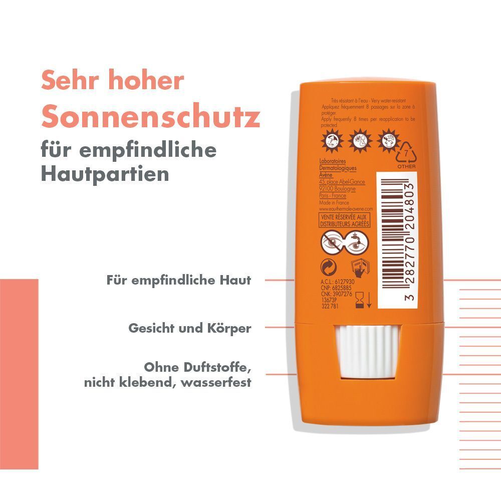 Rückseite eines orangefarbenen Sonnensticks. Text: Sehr hoher Sonnenschutz für empfindliche Hautpartien, Für empfindliche Haut, Gesicht und Körper, Ohne Duftstoffe, nicht klebend, wasserfest.