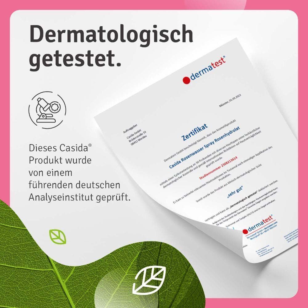 Zertifikat von dermatest. Text: Dieses Casida Produkt wurde von einem führenden deutschen Analyseinstitut geprüft. Logo.