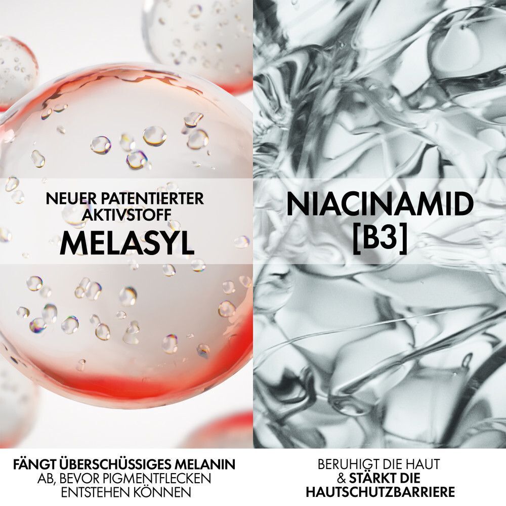 Grafik: MELASYL und Niacinamid [B3]. Text: Fängt überschüssiges Melanin ab. Beruhigt die Haut & stärkt die Hautschutzbarriere.