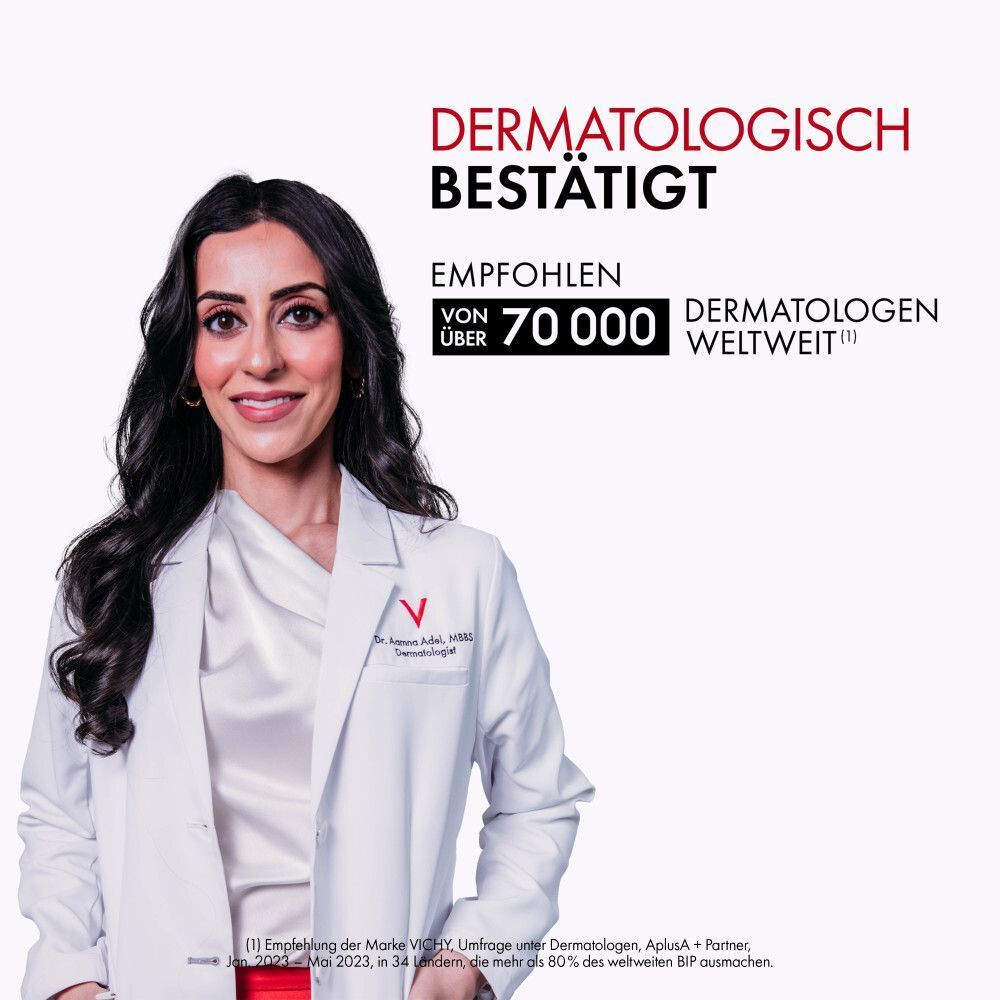 Frau im weißen Kittel. Text: Dermatologisch bestätigt. Empfohlen von über 70.000 Dermatologen weltweit.
