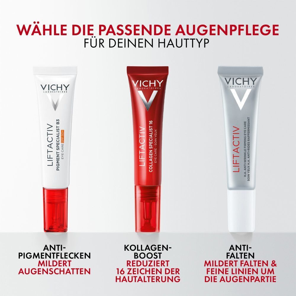 Drei Augenpflegeprodukte. VICHY LIFTACTIV Pigment Specialist B3. Text: Anti-Pigmentflecken, mildert Augenschatten.