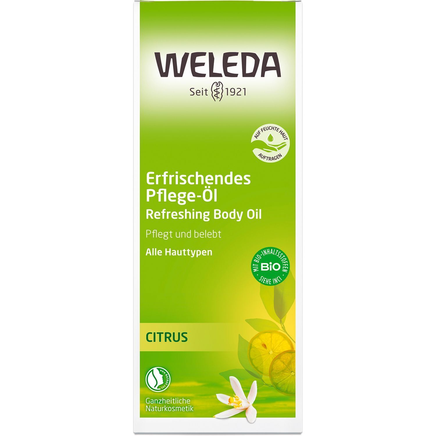 Karton mit Aufschrift: WELEDA, Citrus erfrischendes Pflege-Öl. Bio-Siegel. Abbildung von Zitrone und Blüte.