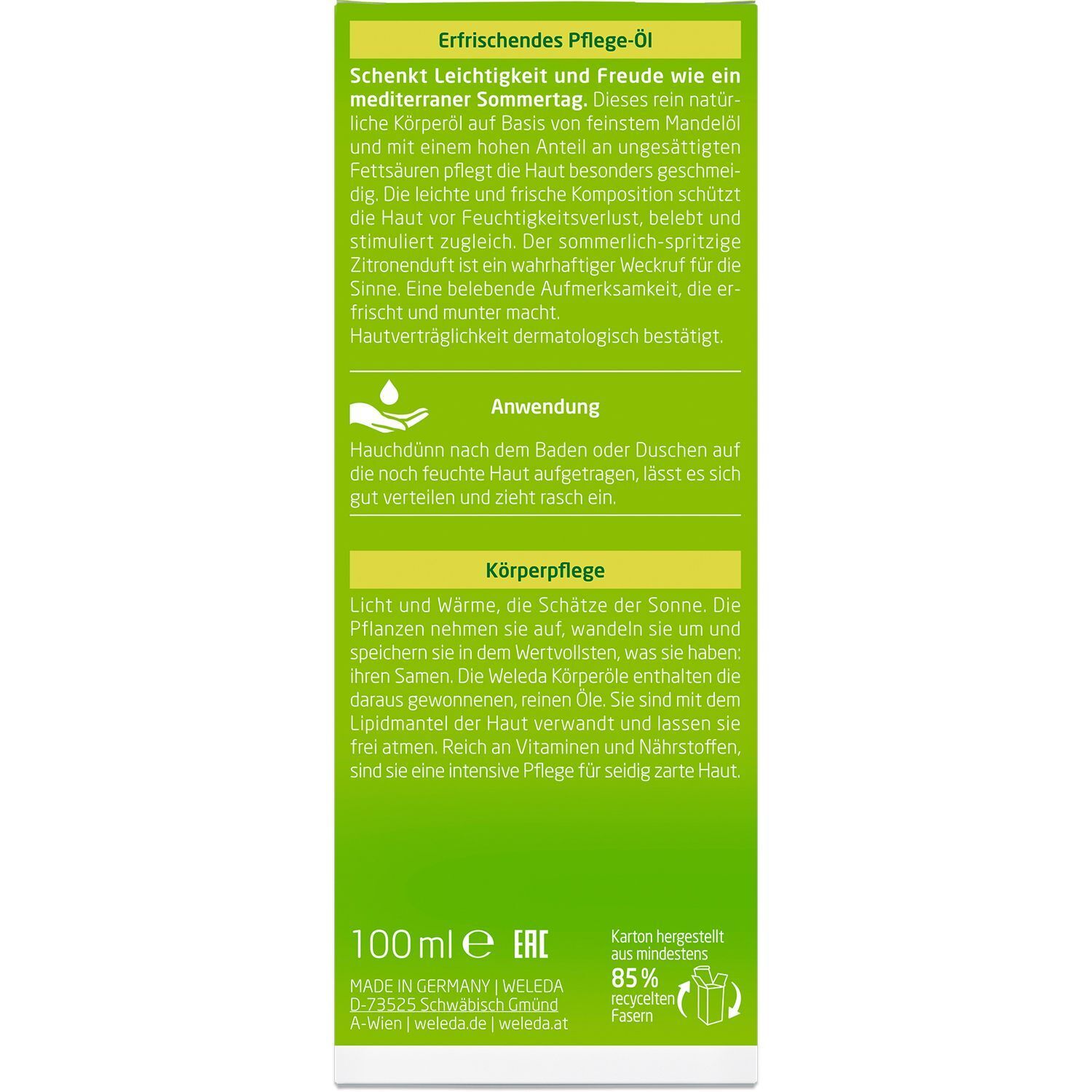 Rückseite der Kartonverpackung. Text in deutscher Sprache. Aufschrift: 100 ml, Bio-Siegel. Recycling-Symbol.