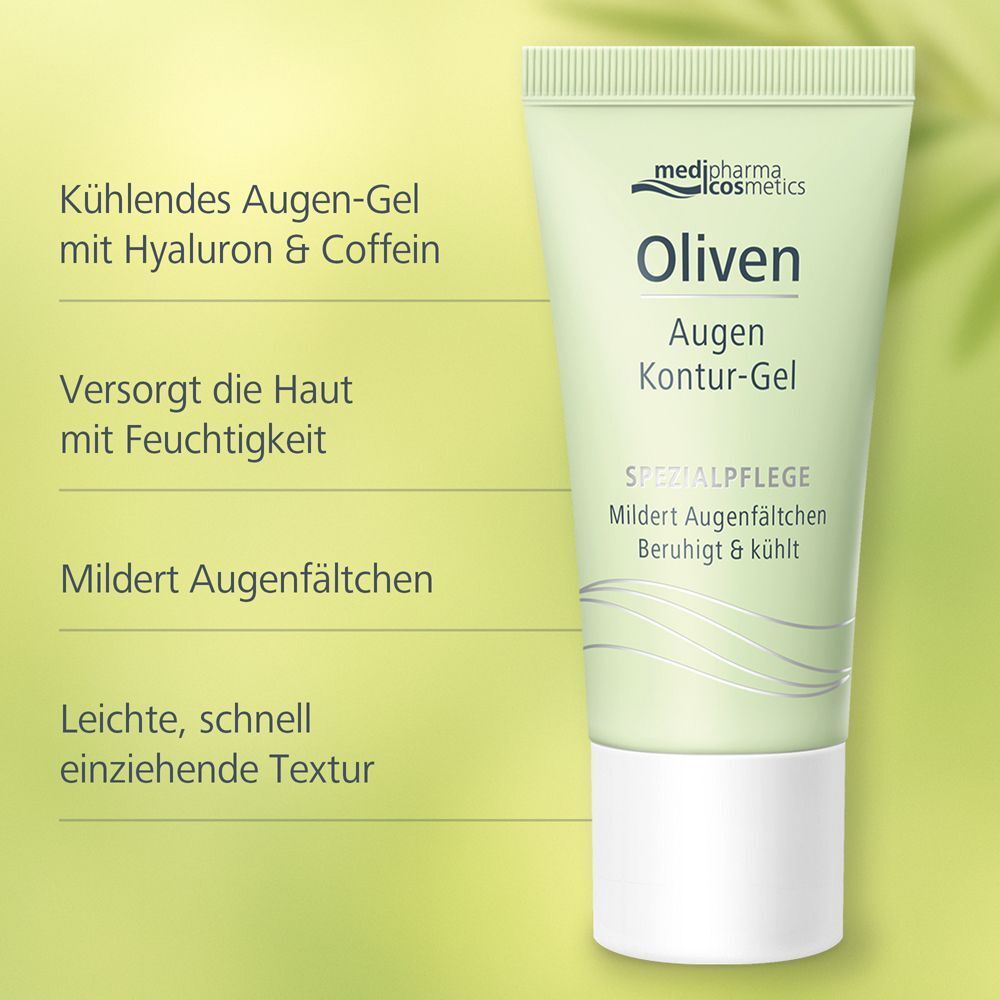 Eine Tube Oliven Augen-Contour Gel. Grün-weiße Tube mit Produktnamen, Logo und Text. Hintergrund mit grünen Elementen.