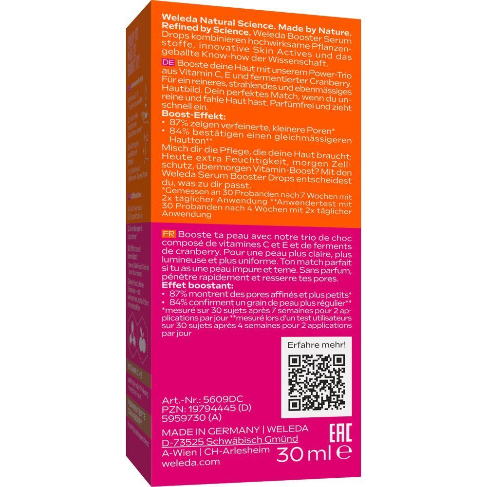Rückseite der WELEDA Serum Drops Verpackung. Text in Deutsch und Französisch. Enthält Informationen zu Inhaltsstoffen und Anwendung.
