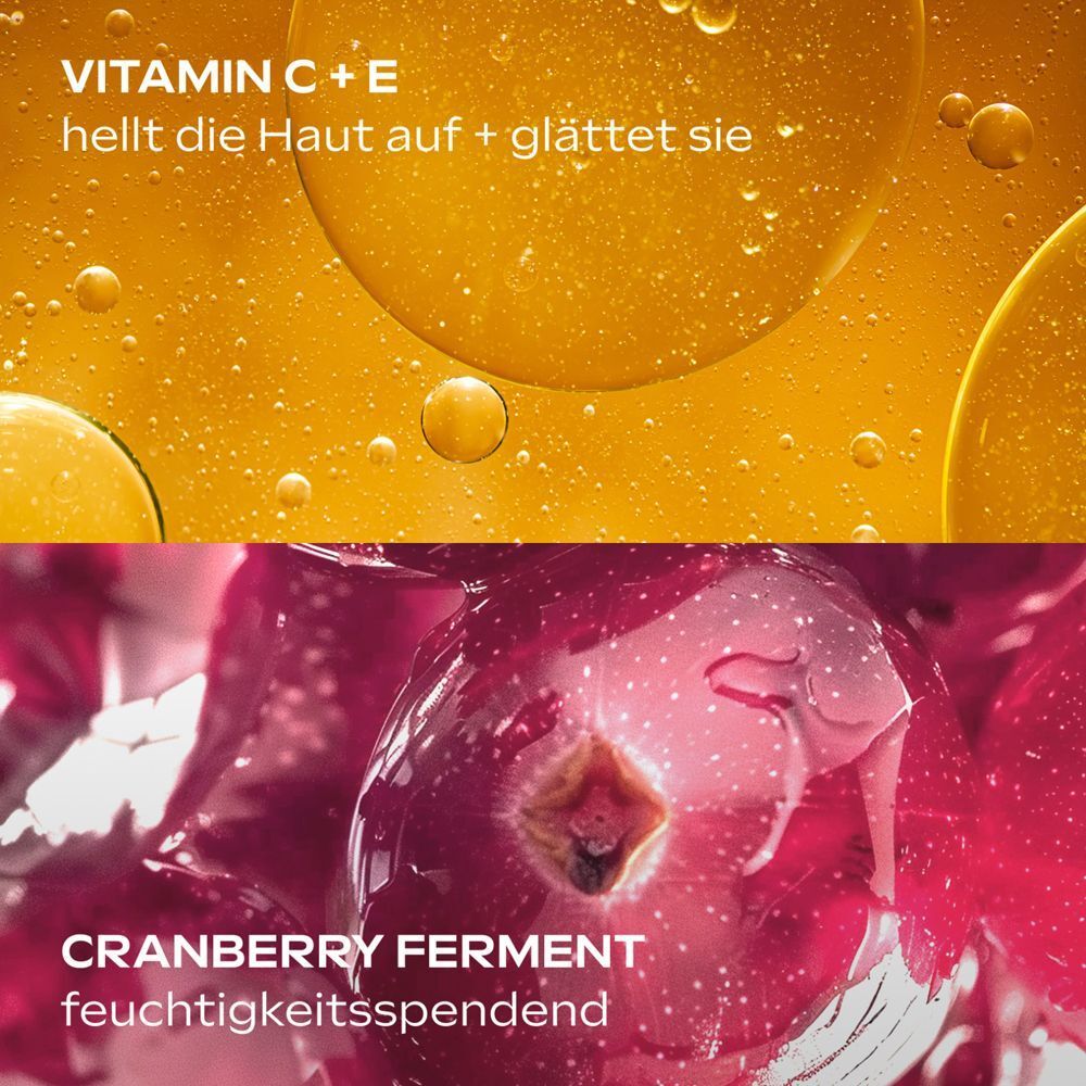 Nahaufnahme von Flüssigkeiten und Cranberrys. Text: Vitamin C+E hellt die Haut auf. Cranberry Ferment feuchtigkeitsspendend.