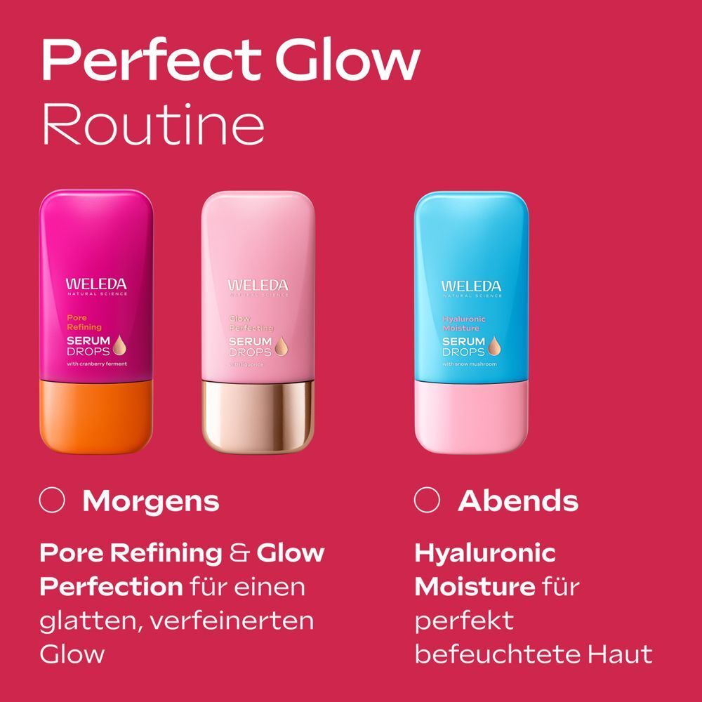 Drei Flakons WELEDA Serum Drops. Pink, rosa und blau. Text: Pore Refining & Glow Perfection und Hyaluronic Moisture.