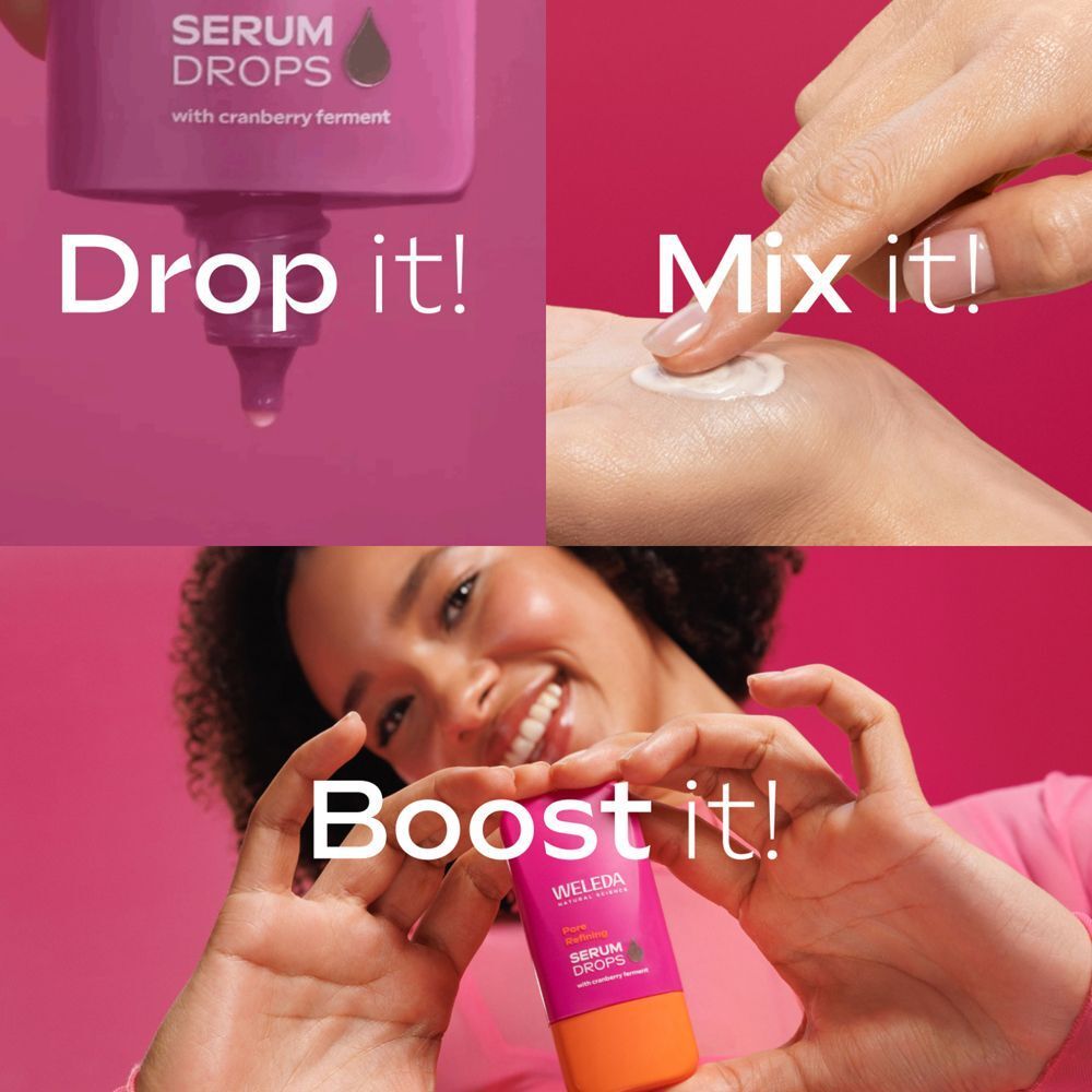 Anwendungsbeispiele WELEDA Serum Drops. Tropfen, Mischen und Auftragen. Produktflakon im Bild.
