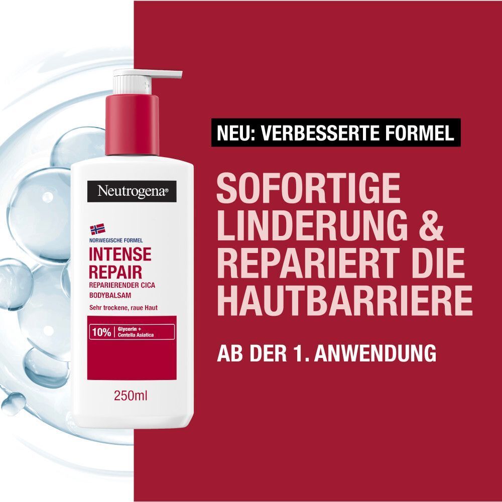 NEUTROGENA Intense Repair CICA Bodybalsam. Weiße Flasche mit rotem Deckel. Aufschrift: Sofortige Linderung & repariert die Hautbarriere ab der 1. Anwendung.