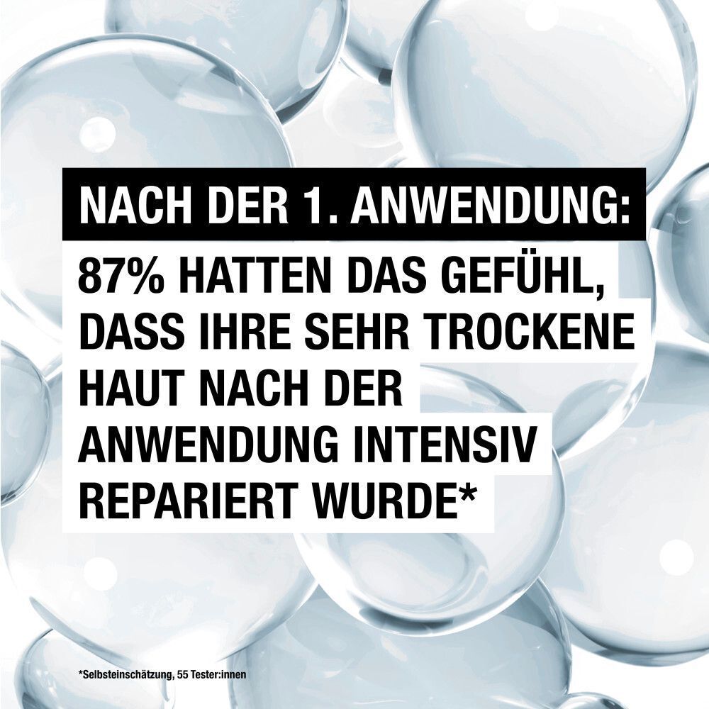 Text: Nach der 1. Anwendung: 87% hatten das Gefühl, dass ihre sehr trockene Haut nach der Anwendung intensiv repariert wurde. *Selbsteinschätzung, 55 Testerinnen.