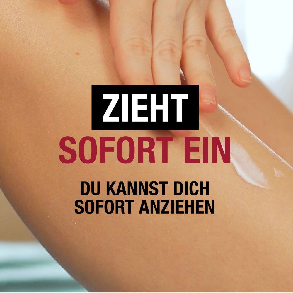 Hand trägt Balsam auf Bein auf. Text: Zieht sofort ein. Du kannst dich sofort anziehen.