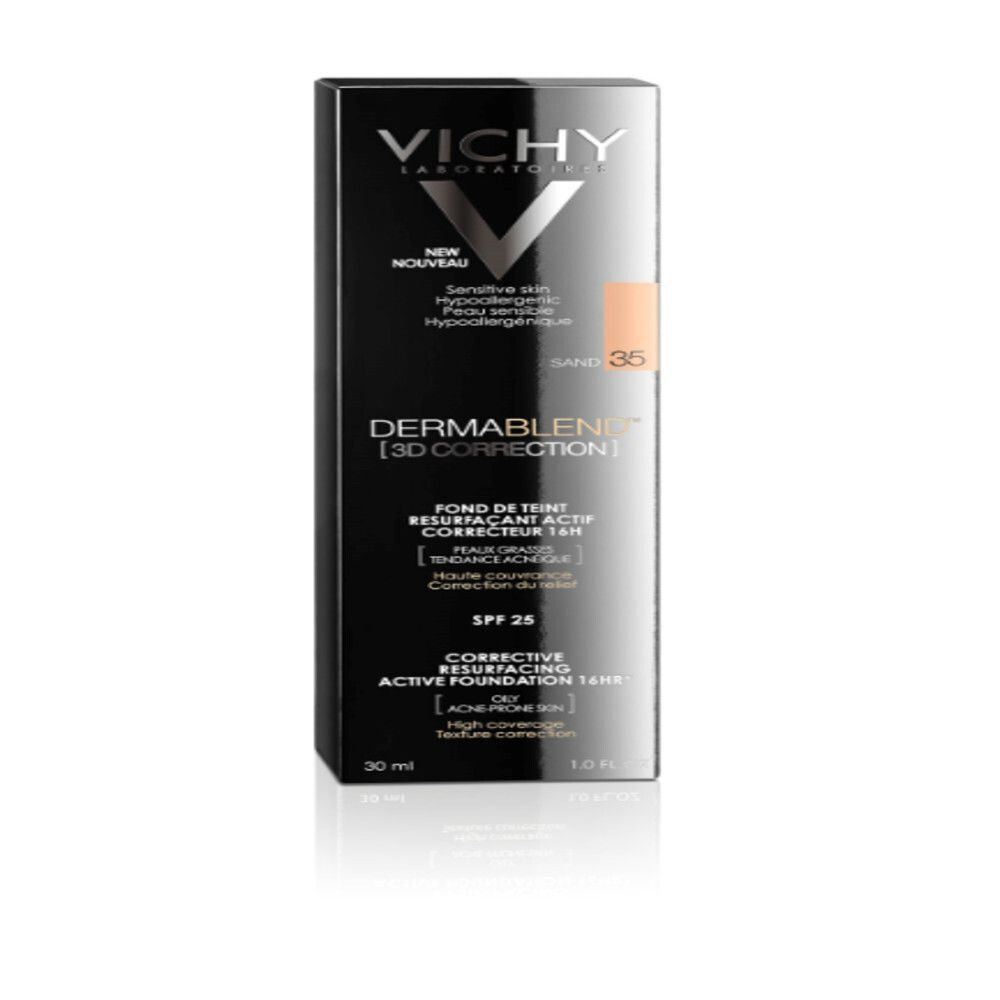 Schwarzer Karton mit Make-up. Aufdruck: DERMABLEND 3D CORRECTION. Farbton 35. Text in weißer Schrift. 30 ml.
