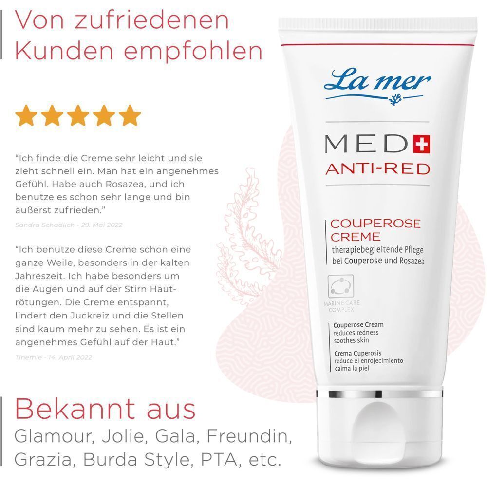 LA MER MED+ Anti-Red Couperose Creme. Weiße Tube. Empfohlen von zufriedenen Kunden. Bekannt aus Glamour, Jolie, Gala, etc.