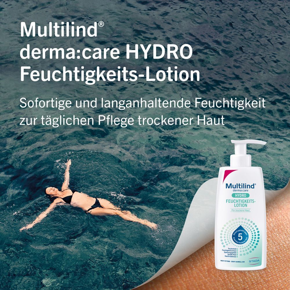 Frau schwimmt im Meer. Daneben eine Flasche Multilind derma:care HYDRO Feuchtigkeitslotion. Text: Sofortige und langanhaltende Feuchtigkeit.