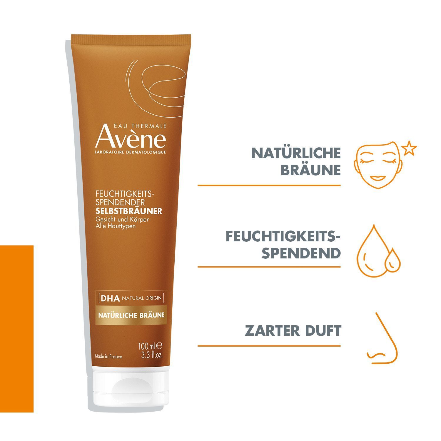 Eine Tube AVENE Selbstbräuner. Braune Tube mit weißem Verschluss. Text: Feuchtigkeitsspendender Selbstbräuner, Alle Hauttypen. Grafische Elemente.