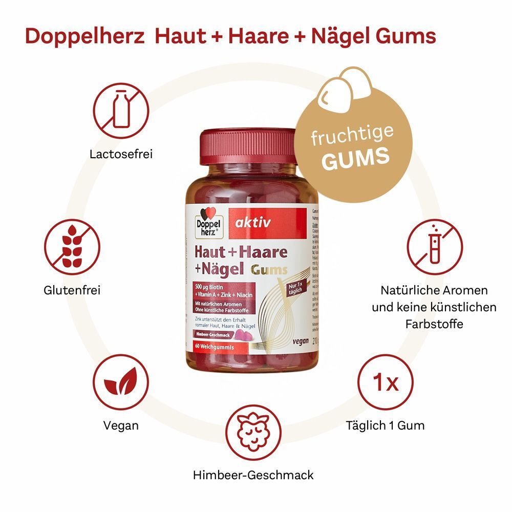 Doppelherz Haut + Haare + Nägel Gums. Flasche mit Gummibärchen. Symbole: laktosefrei, glutenfrei, vegan, Himbeer-Geschmack, 1x täglich.