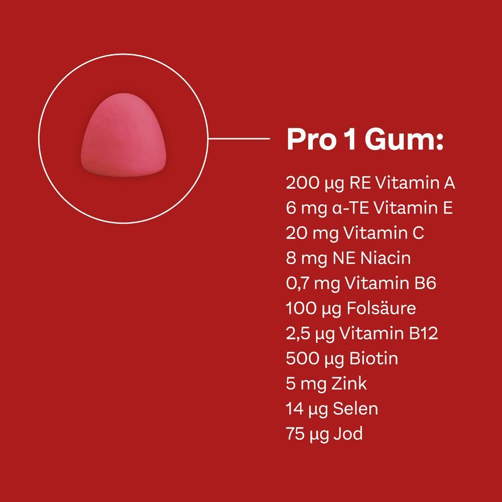Rotes Gummibärchen. Text: Pro 1 Gum: Vitamine, Biotin, Zink, Selen, Jod.