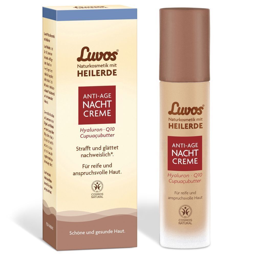 LUVOS Heilerde Anti-Age Nachtcreme und Verpackung. Creme-Tube und Karton mit Produktinformationen.