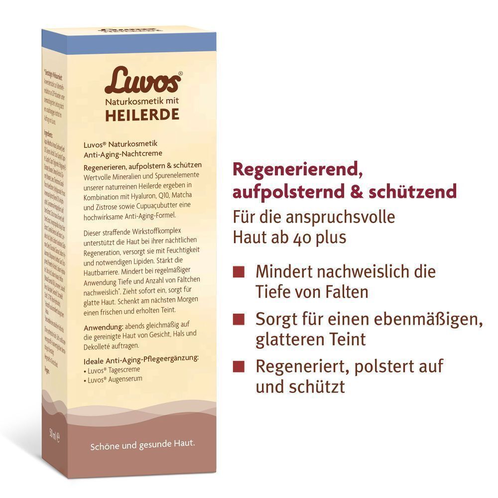 Text auf der Verpackung der LUVOS Heilerde Anti-Age Nachtcreme. Informationen zur Wirkung und Inhaltsstoffen.
