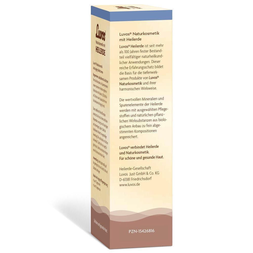 Seite der LUVOS Heilerde Anti-Age Nachtcreme-Verpackung. Informationen zur Marke und Herkunft.