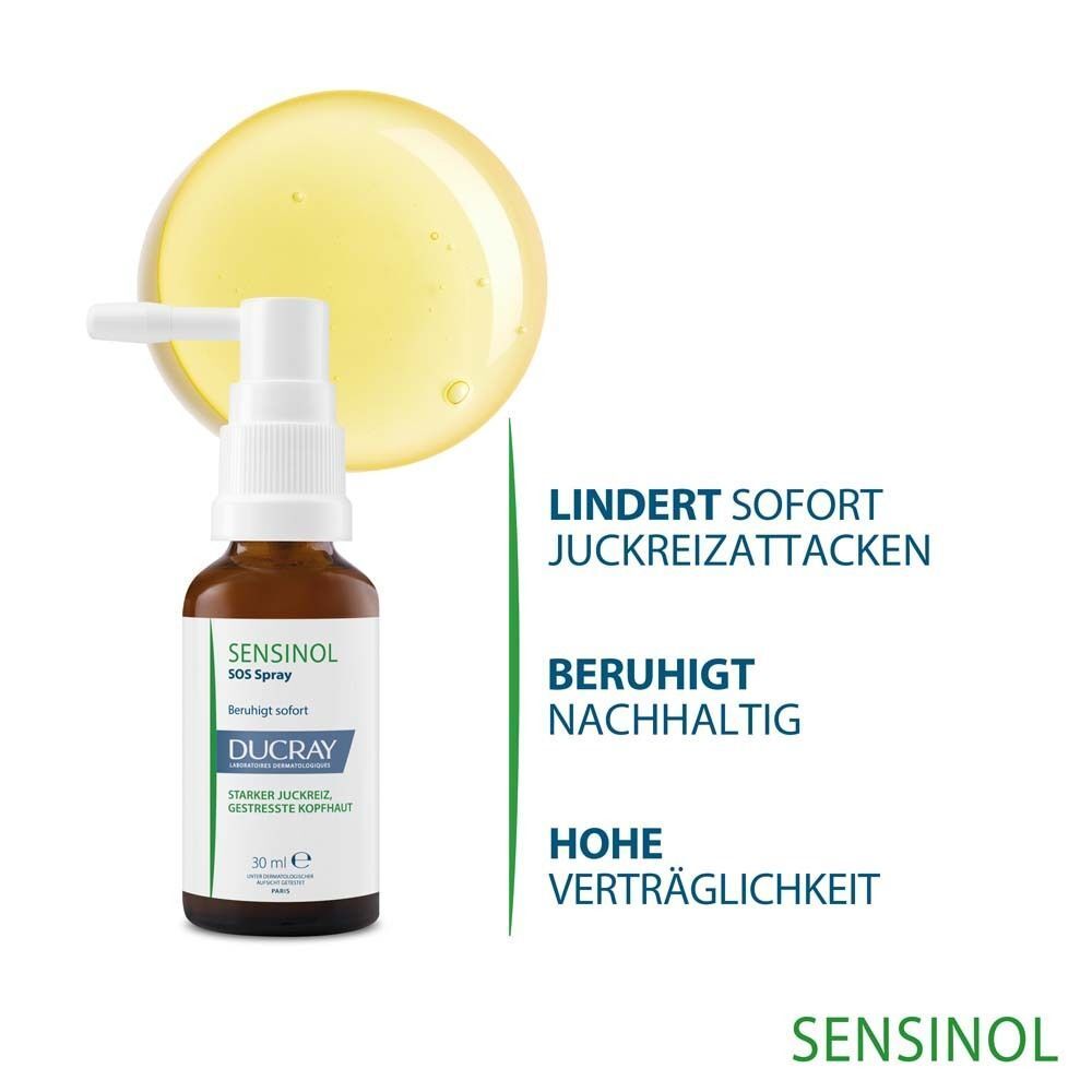 SENSINOL SOS Spray neben gelbem Tropfen. Text: Lindert sofort Juckreizattacken, Beruhigt nachhaltig, Hohe Verträglichkeit. SENSINOL.