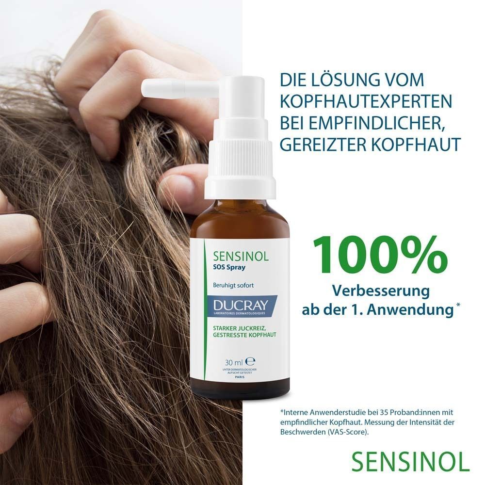 SENSINOL SOS Spray auf Kopfhaut. Text: Die Lösung vom Kopfhautexperten bei empfindlicher, gereizter Kopfhaut. 100% Verbesserung ab 1. Anwendung.