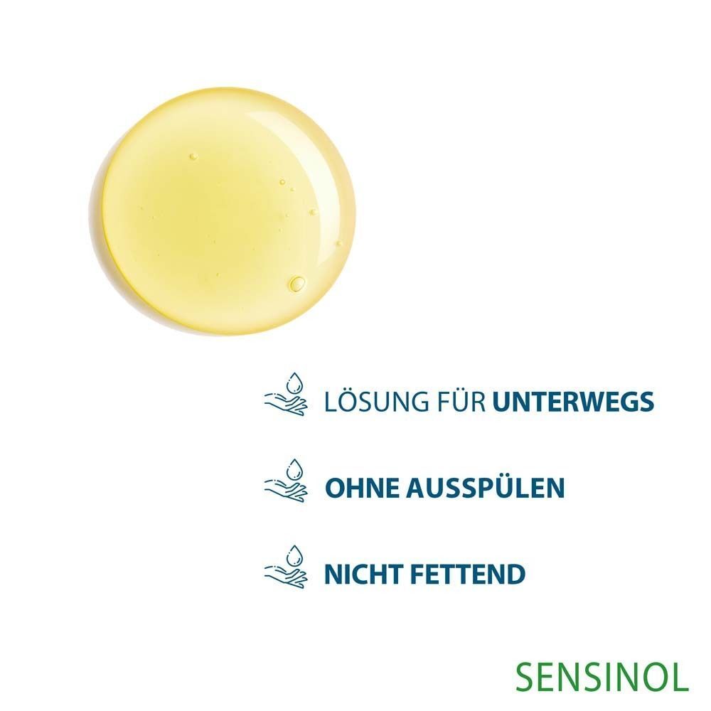 Gelber Tropfen. Text: Lösung für unterwegs, Ohne Ausspülen, Nicht fettend. SENSINOL.
