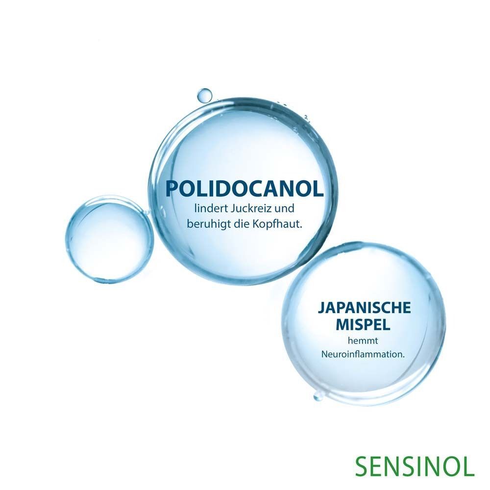 Blasen mit Text: Polidocanol lindert Juckreiz und beruhigt die Kopfhaut. Japanische Mispel hemmt Neuroinflammation. SENSINOL.