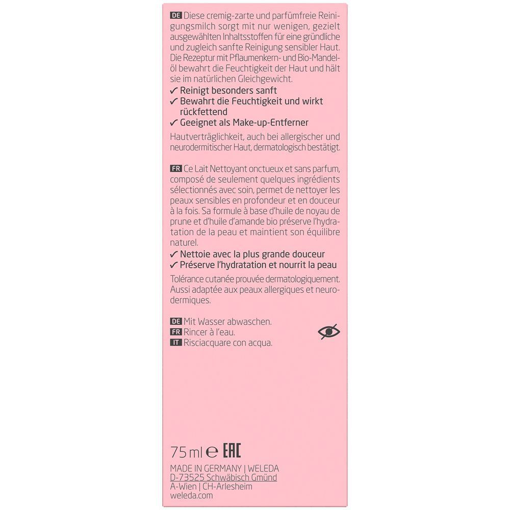 Rosa Verpackung mit Text. Text in Deutsch und Französisch. Enthält Informationen über die Reinigungsmilch und Inhaltsstoffe.