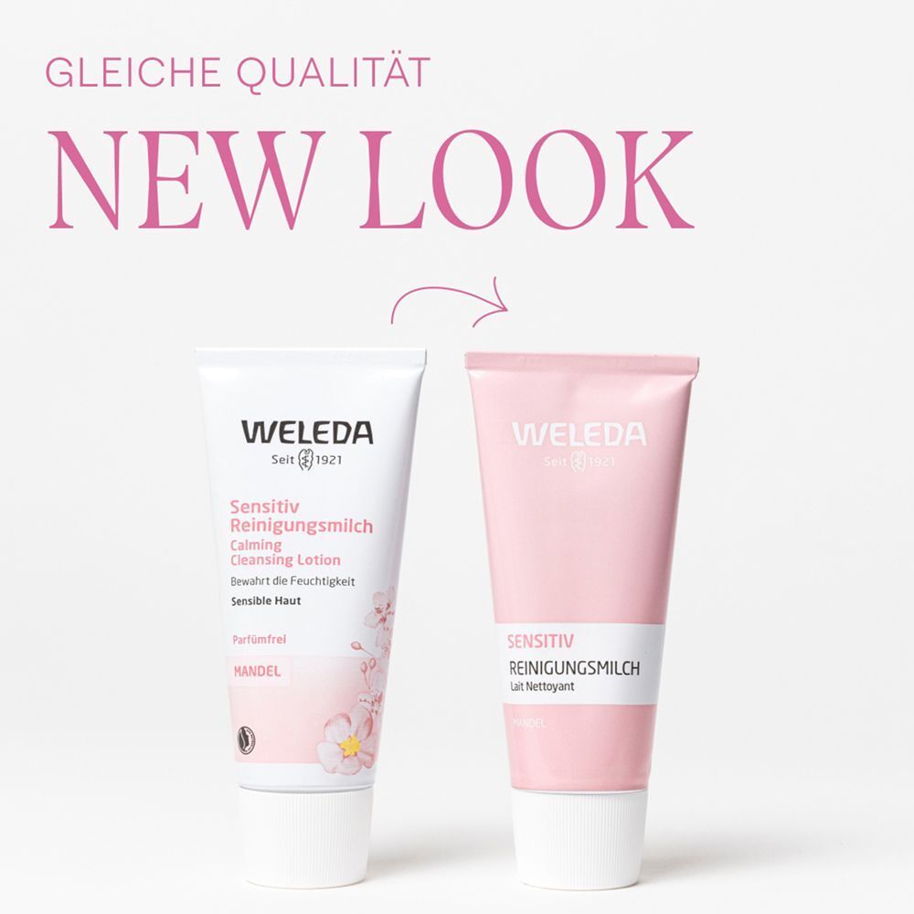 Zwei Tuben Reinigungsmilch. Links: alte Verpackung. Rechts: neue Verpackung. Aufdruck: WELEDA, Sensitiv Reinigungsmilch.