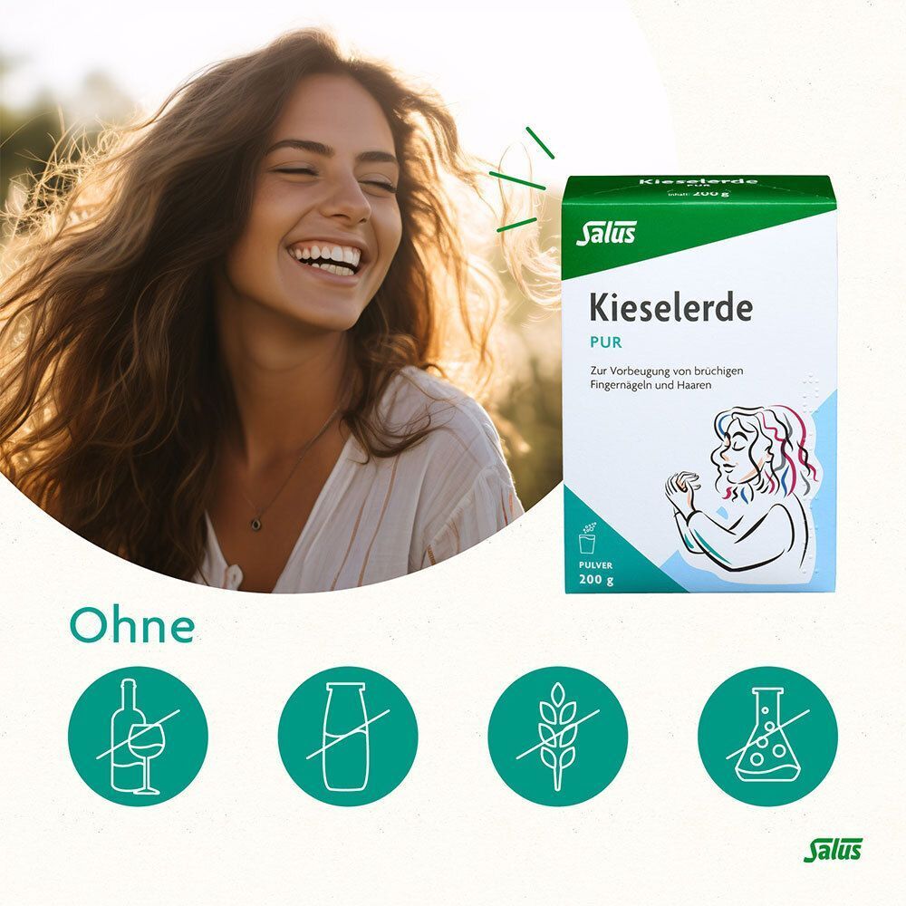 Lachende Frau im Freien neben einer Packung Salus Kieselerde Pur. Symbole für ohne Alkohol, Laktose, Gluten, Zusatzstoffe.