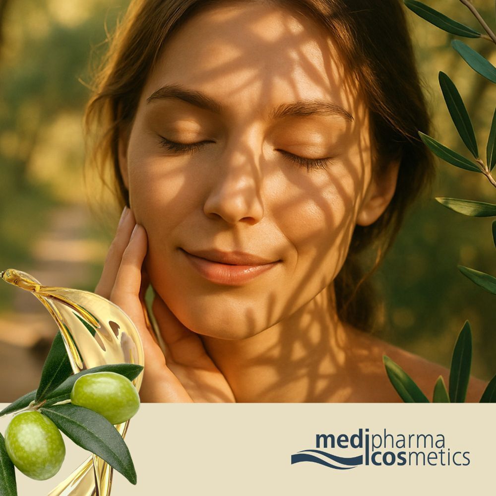 Frau mit geschlossenen Augen, Gesicht von Schatten bedeckt. Olivenzweige und Oliven. Logo Medipharma cosmetics.