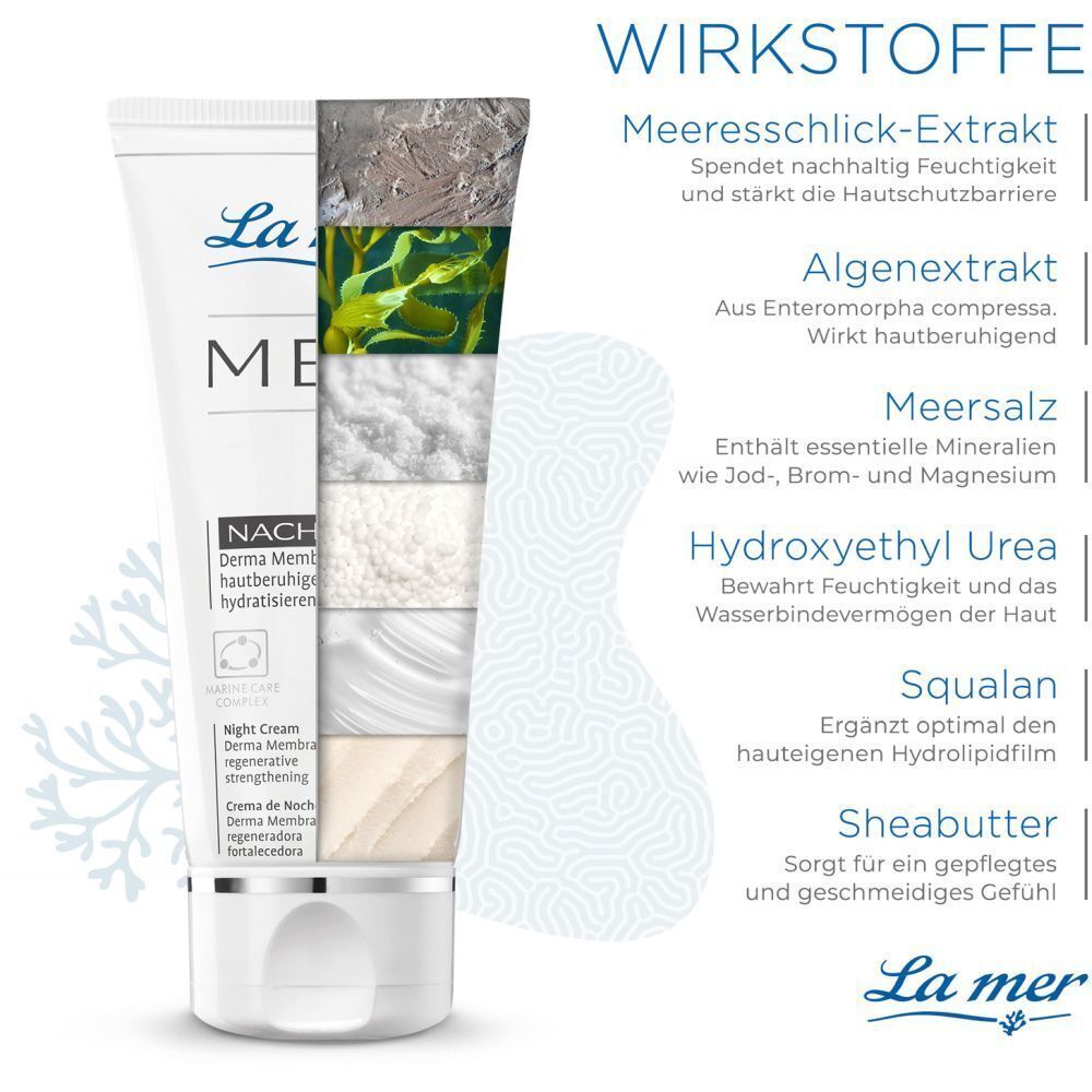 Aufgeschnittene Tube LA MER MED Nachtcreme. Inhaltsstoffe: Meeresschlick-Extrakt, Algenextrakt, Meersalz, Hydroxyethyl Urea, Squalan, Sheabutter.