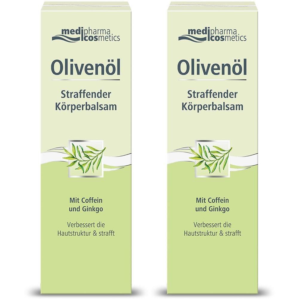 Zwei Packungen Körperbalsam. Aufschrift: Olivenöl Straffender Körperbalsam. Mit Coffein und Ginkgo. Verbessert die Hautstruktur & strafft.