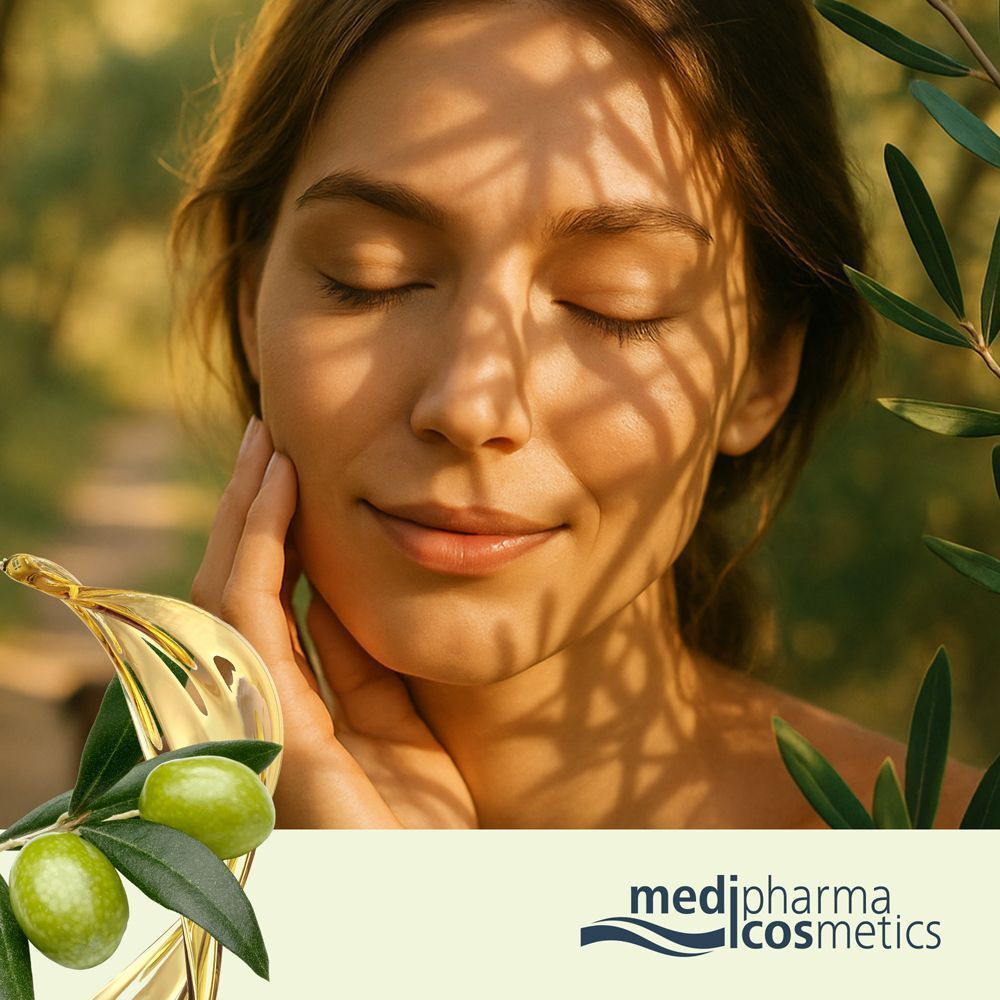 Frau mit geschlossenen Augen, Gesicht im Schatten von Olivenblättern. Oliven und Olivenöl sind im Bild zu sehen. Logo: medipharma cosmetics.