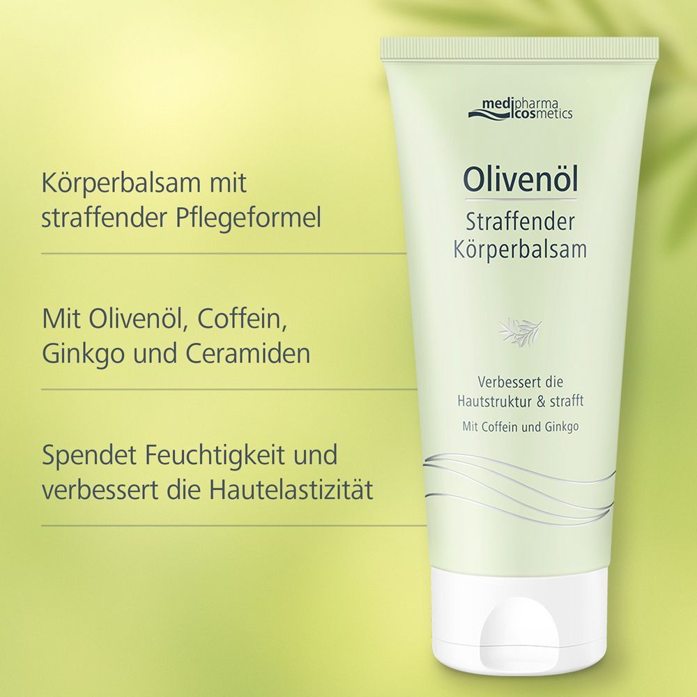 Tube Körperbalsam. Aufschrift: Olivenöl Straffender Körperbalsam. Mit Olivenöl, Coffein, Ginkgo und Ceramiden. Spendet Feuchtigkeit und verbessert die Hautelastizität.