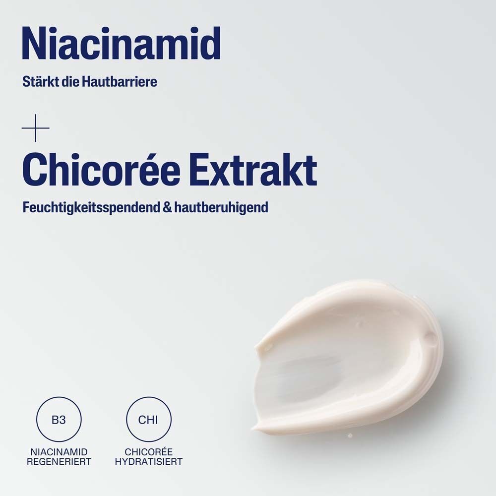 Nahaufnahme einer Creme. Text: Niacinamid + Chicorée Extrakt. Feuchtigkeitsspendend & hautberuhigend. B3, CHI.