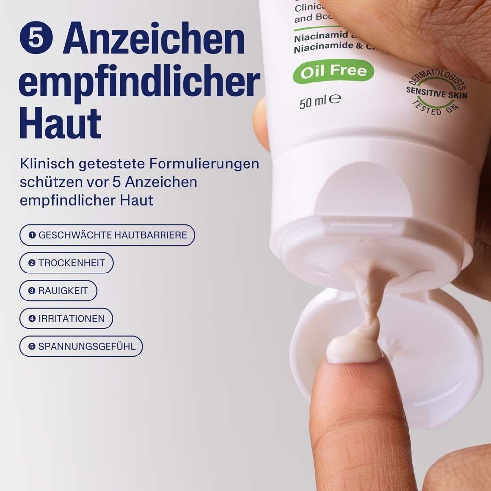 Produkt wird auf den Finger aufgetragen. Text: 5 Anzeichen empfindlicher Haut. Klinisch getestete Formulierungen schützen vor 5 Anzeichen empfindlicher Haut.