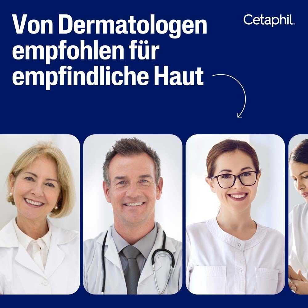 Vier Personen, von Dermatologen empfohlen. Text: Von Dermatologen empfohlen für empfindliche Haut.