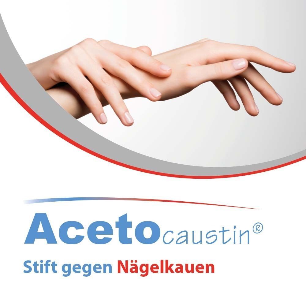 Hände mit ACETOCAUSTIN Stift gegen Nägelkauen Logo. Roter und blauer Hintergrund mit Produktname und Text.
