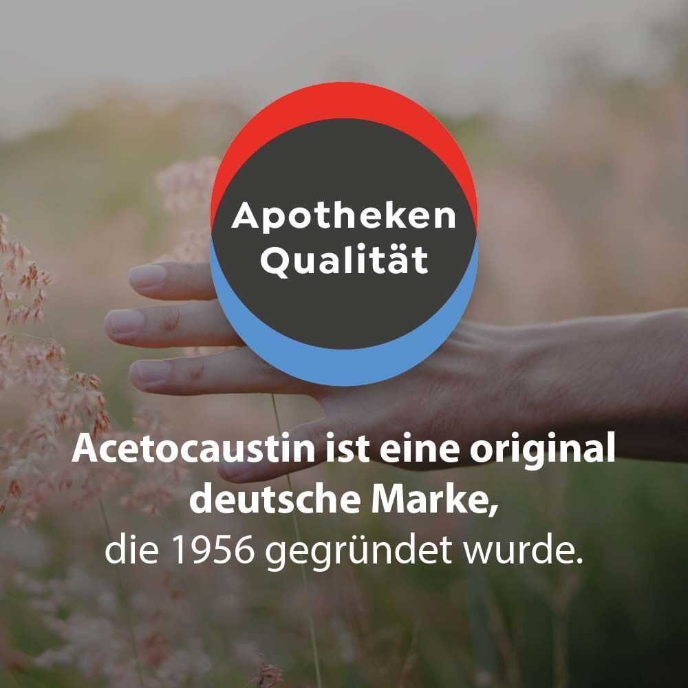 Hand vor Blumen. Apotheken Qualität Logo. Text: ACETOCAUSTIN ist eine original deutsche Marke, die 1956 gegründet wurde.