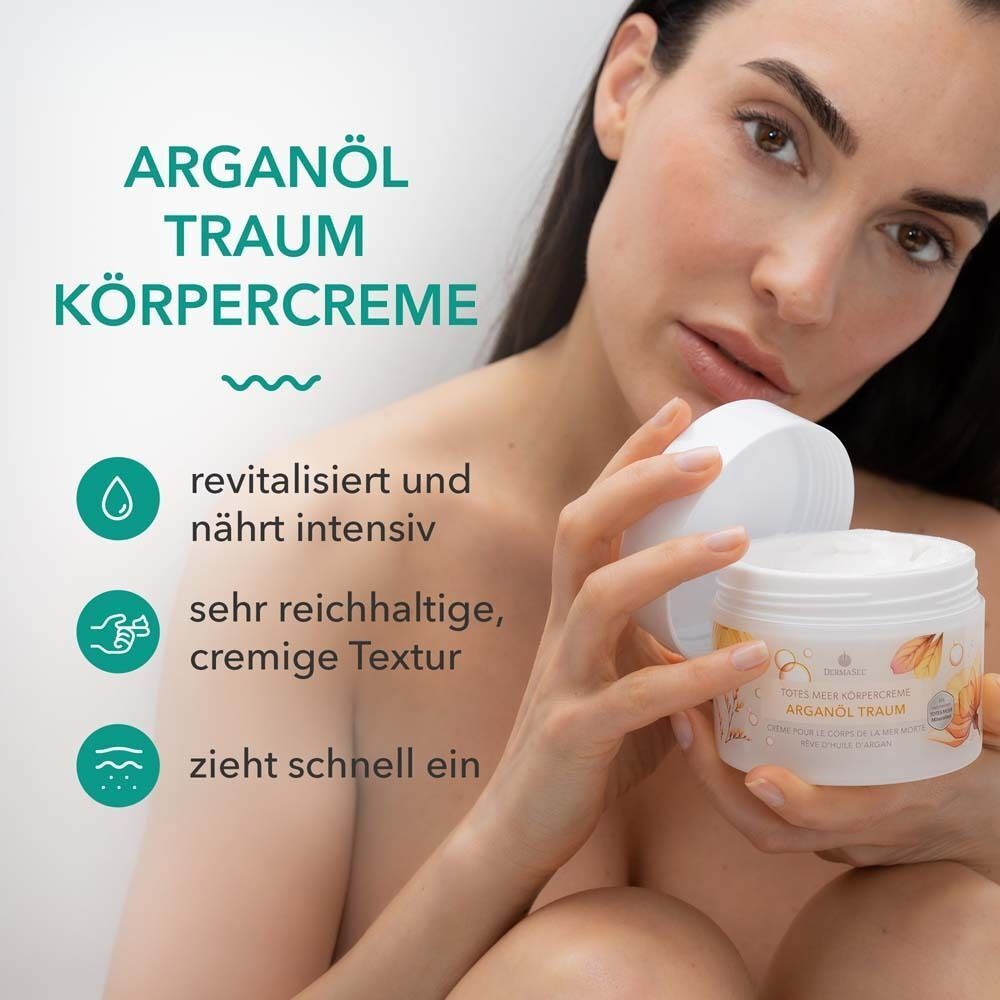Frau hält einen Tiegel Körpercreme. Text: Arganöl Traum Körpercreme. Icons und Text.