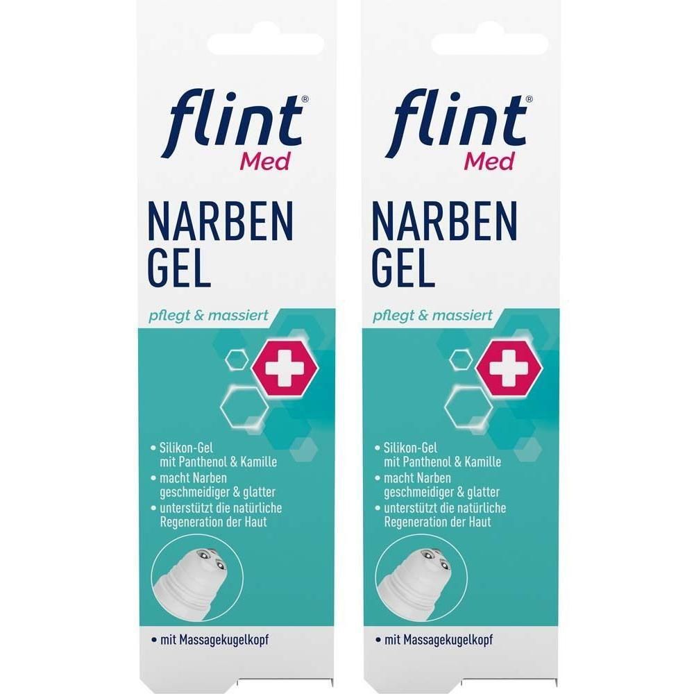 Zwei Tuben Narbengel mit Massagekugelkopf. Aufschrift: flint® Med Narbengel. Text: pflegt & massiert.