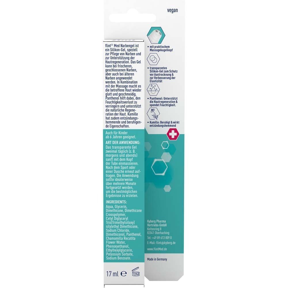 Schachtel mit Produktinformationen. Text: flint® Med Narbengel. Enthält Informationen zu Inhaltsstoffen und Anwendung.